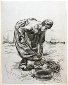 Boerin, aardappelen aan het graven, met mand
